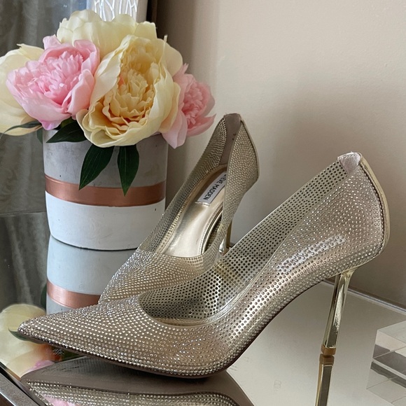 Steve Madden Shoes - Steve Madden Metallic Gold Sparkling Heels Pointed Toe Rhinestone Clear Pumps